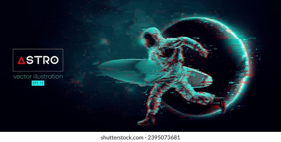 Abstract silhouette of a surfer, astronaut in space action and Earth, Mars, planets on the background of the space. Vector 3d render illustration