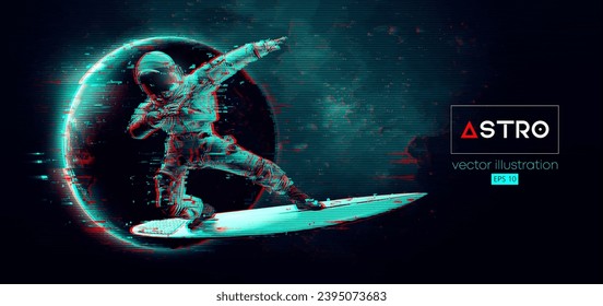 Abstract silhouette of a surfer, astronaut in space action and Earth, Mars, planets on the background of the space. Vector 3d render illustration