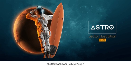 Abstract silhouette of a surfer, astronaut in space action and Earth, Mars, planets on the background of the space. Vector 3d render illustration