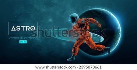 Abstract silhouette of a surfer, astronaut in space action and Earth, Mars, planets on the background of the space. Vector 3d render illustration