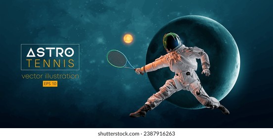 Silueta abstracta de un tenista astronauta en acción espacial y Tierra, Marte, planetas en el fondo del espacio. Un jugador de tenis con raqueta golpea la pelota. Ilustración del vector 3d