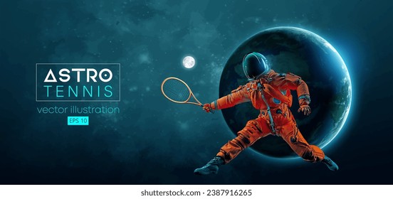 Silueta abstracta de un tenista astronauta en acción espacial y Tierra, Marte, planetas en el fondo del espacio. Un jugador de tenis con raqueta golpea la pelota. Ilustración del vector 3d