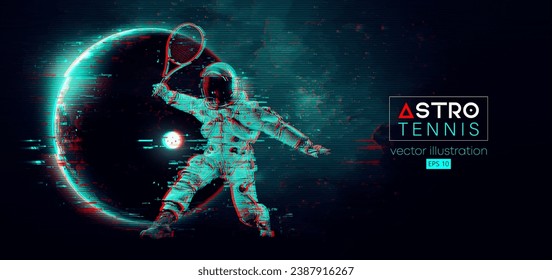 Abstract silhouette of a tennis player astronaut in space action and Earth, Mars, planets on the background of the space. Tennis player man with racket hits the ball. Vector 3d render illustration