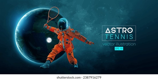 Abstract silhouette of a tennis player astronaut in space action and Earth, Mars, planets on the background of the space. Tennis player man with racket hits the ball. Vector 3d render illustration