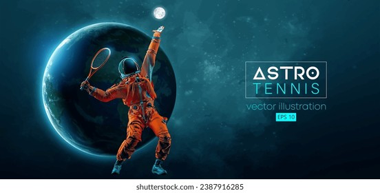 Abstract silhouette of a tennis player astronaut in space action and Earth, Mars, planets on the background of the space. Tennis player man with racket hits the ball. Vector 3d render illustration