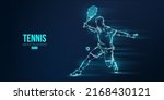 Abstract silhouette of a tennis player on blue background. Tennis player man with racket hits the ball. Vector illustration