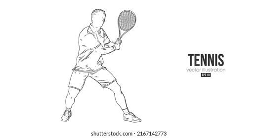 Abstract silhouette of a tennis player on white background. Tennis player man with racket hits the ball. Vector illustration