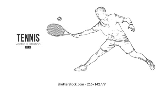 Abstract silhouette of a tennis player on white background. Tennis player man with racket hits the ball. Vector illustration