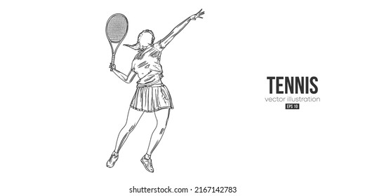 Abstract silhouette of a tennis player on white background. Tennis player woman with racket hits the ball. Vector illustration