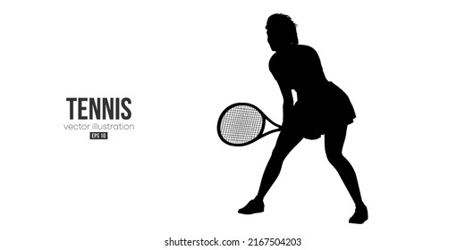 Abstract silhouette of a tennis player on white background. Tennis player woman with racket hits the ball. Vector illustration