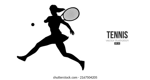 Abstract silhouette of a tennis player on white background. Tennis player woman with racket hits the ball. Vector illustration