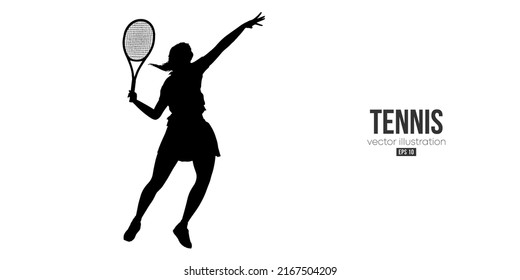 Abstract silhouette of a tennis player on white background. Tennis player woman with racket hits the ball. Vector illustration