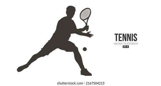 Abstract silhouette of a tennis player on white background. Tennis player man with racket hits the ball. Vector illustration