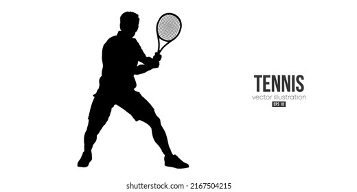 Abstract silhouette of a tennis player on white background. Tennis player man with racket hits the ball. Vector illustration