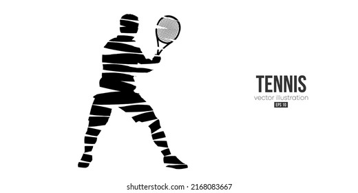 Abstract silhouette of a tennis player on white background. Tennis player man with racket hits the ball. Vector illustration