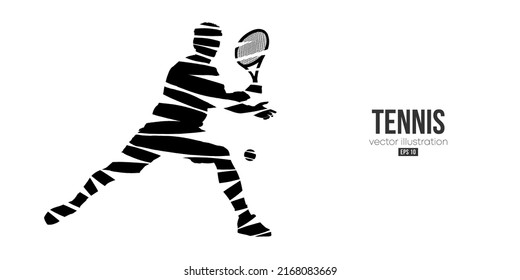 Abstract silhouette of a tennis player on white background. Tennis player man with racket hits the ball. Vector illustration