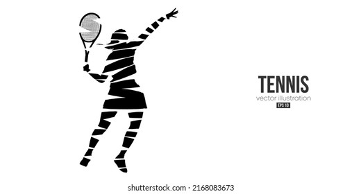 Abstract silhouette of a tennis player on white background. Tennis player woman with racket hits the ball. Vector illustration