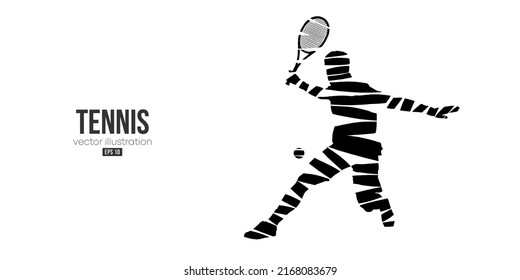 Abstract silhouette of a tennis player on white background. Tennis player man with racket hits the ball. Vector illustration