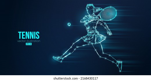 Abstract silhouette of a tennis player on blue background. Tennis player woman with racket hits the ball. Vector illustration