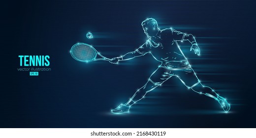 Abstract silhouette of a tennis player on blue background. Tennis player man with racket hits the ball. Vector illustration