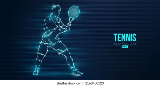 Abstract silhouette of a tennis player on blue background. Tennis player man with racket hits the ball. Vector illustration