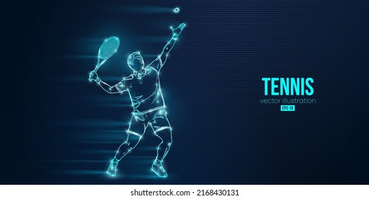 Abstract silhouette of a tennis player on blue background. Tennis player man with racket hits the ball. Vector illustration