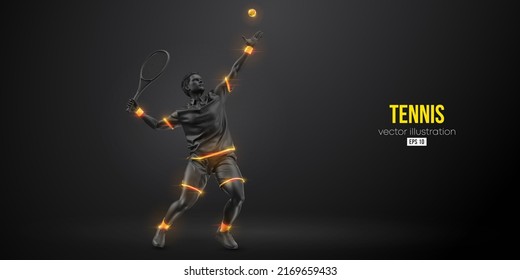 Abstract silhouette of a tennis player on black background. Tennis player man with racket hits the ball. Vector illustration - Shutterstock ID 2169659433
