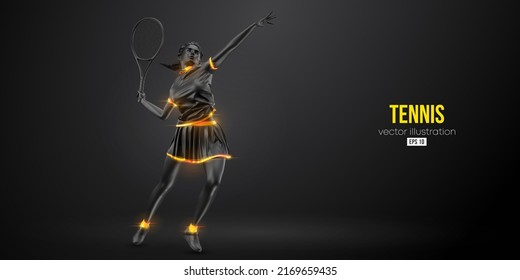 Abstract silhouette of a tennis player on black background. Tennis player woman with racket hits the ball. Vector illustration