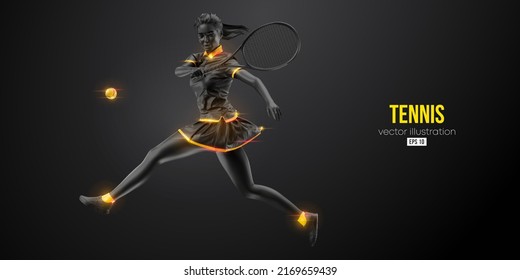 Abstract silhouette of a tennis player on black background. Tennis player woman with racket hits the ball. Vector illustration