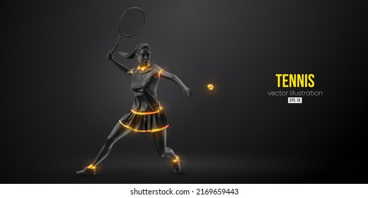 Abstract silhouette of a tennis player on black background. Tennis player woman with racket hits the ball. Vector illustration