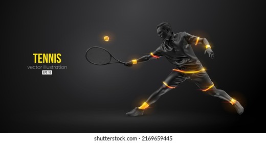 Abstract silhouette of a tennis player on black background. Tennis player man with racket hits the ball. Vector illustration