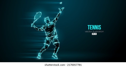 Abstract silhouette of a tennis player on black background. Tennis player man with racket hits the ball. Vector illustration