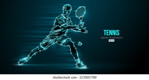 Abstract silhouette of a tennis player on black background. Tennis player man with racket hits the ball. Vector illustration