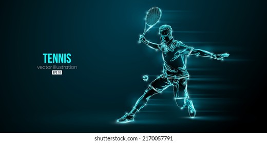 Abstract silhouette of a tennis player on black background. Tennis player man with racket hits the ball. Vector illustration