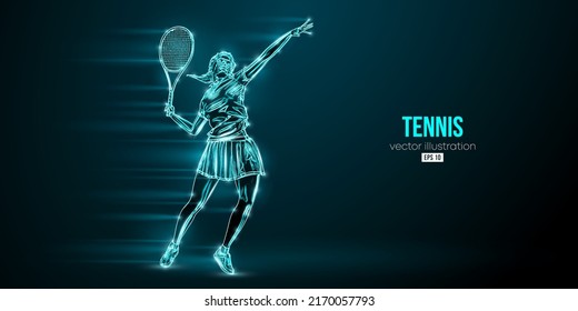 Abstract silhouette of a tennis player on black background. Tennis player woman with racket hits the ball. Vector illustration