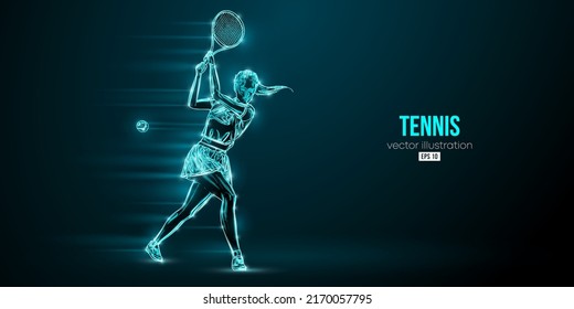 Abstract silhouette of a tennis player on black background. Tennis player woman with racket hits the ball. Vector illustration