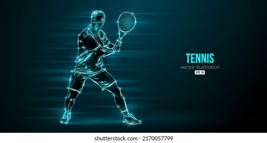 Abstract silhouette of a tennis player on black background. Tennis player man with racket hits the ball. Vector illustration