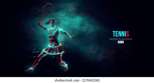 Abstract silhouette of a tennis player on black background. Tennis player woman with racket hits the ball. Vector illustration