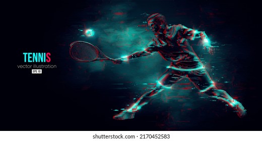 Abstract silhouette of a tennis player on black background. Tennis player man with racket hits the ball. Vector illustration