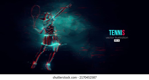 Abstract silhouette of a tennis player on black background. Tennis player woman with racket hits the ball. Vector illustration