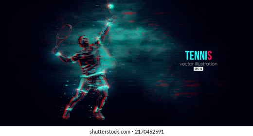 Abstract silhouette of a tennis player on black background. Tennis player man with racket hits the ball. Vector illustration