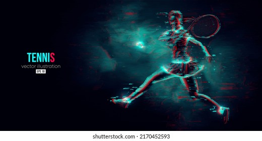 Abstract silhouette of a tennis player on black background. Tennis player woman with racket hits the ball. Vector illustration