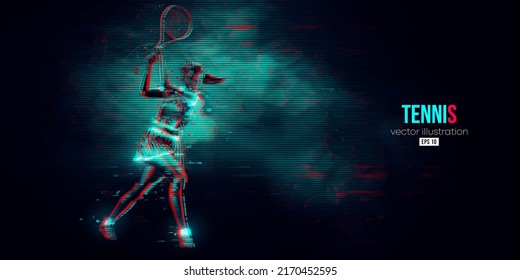 Abstract silhouette of a tennis player on black background. Tennis player woman with racket hits the ball. Vector illustration