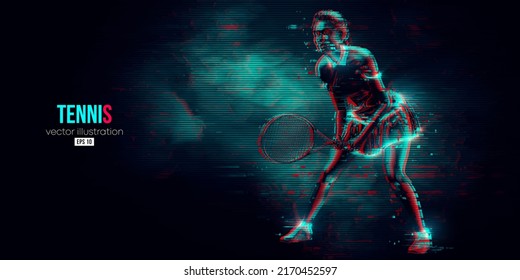 Abstract silhouette of a tennis player on black background. Tennis player woman with racket hits the ball. Vector illustration