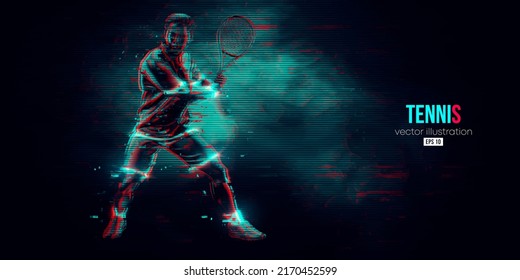 Abstract silhouette of a tennis player on black background. Tennis player man with racket hits the ball. Vector illustration