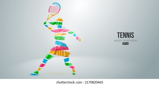 Abstract silhouette of a tennis player on white background. Tennis player woman with racket hits the ball. Vector illustration