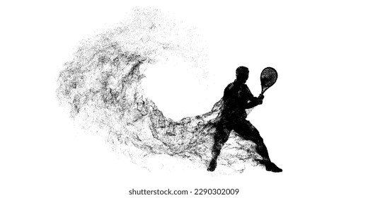 Abstract silhouette of a tennis player on white background. Tennis player man with racket hits the ball. Vector illustration