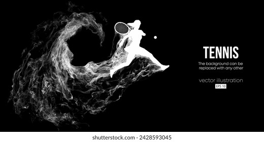 Abstract silhouette of a tennis player on black background. Tennis player man with racket hits the ball. Vector illustration