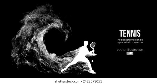 Abstract silhouette of a tennis player on black background. Tennis player man with racket hits the ball. Vector illustration