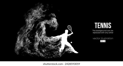 Silueta abstracta de un jugador de tenis sobre fondo negro. El jugador de tenis con raqueta golpea la pelota. Ilustración de vector